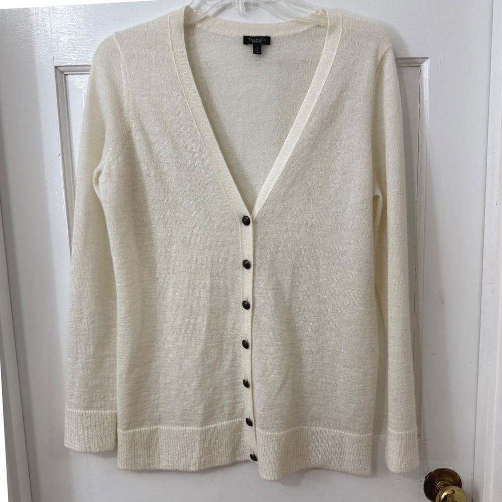 Talbots Wool Mohair Lightweight Cardigan Sweater Sz S Ivory Old Money Classic